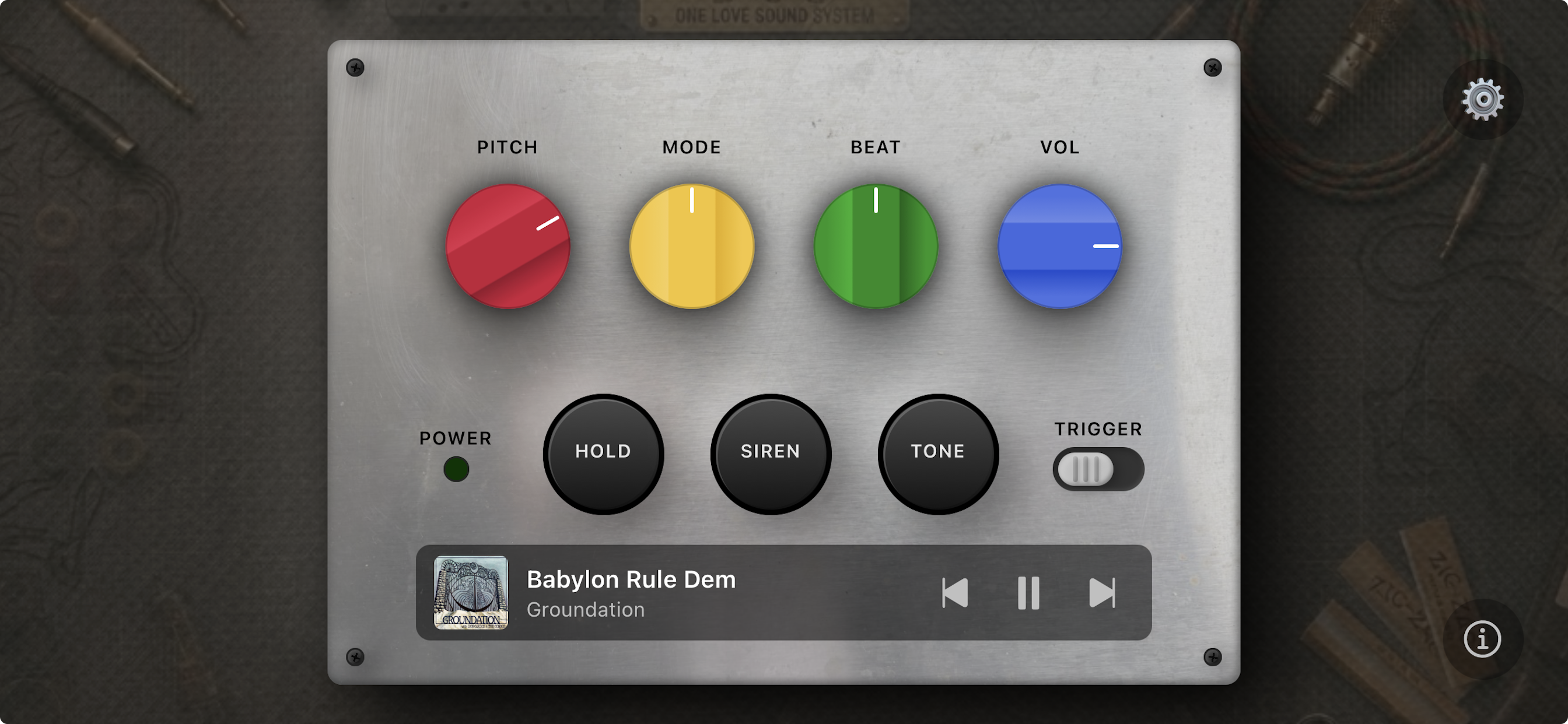 Dub Siren with Spotify now playing bar showing album art, track title, and playback controls